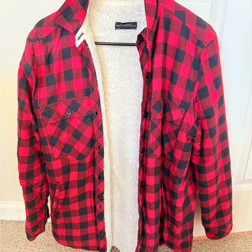 Zara Red and Black Checkered Sherpa Jacket